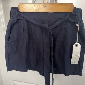 Flirty Navy Blue Linen Shorts with Elastic Waist and Tie Belt